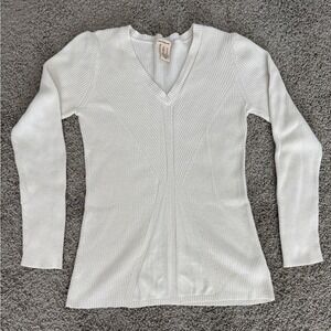 DKNY Jeans White Ribbed V Neck Long‎ Sleeve Sweater Top Women's Medium